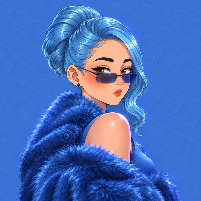 A digital illustration of a woman with bright blue hair styled in a high bun, wearing rectangular sunglasses and a blue furry coat against a blue background.