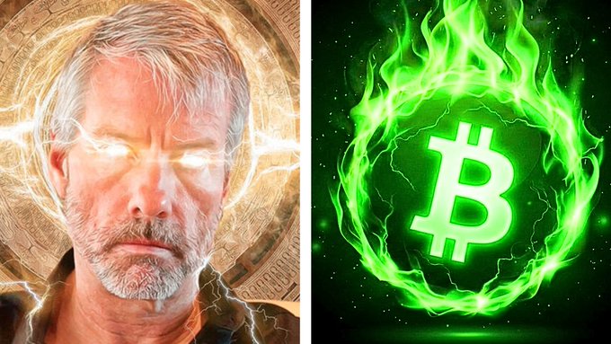 A split image featuring an older man with glowing white eyes on the left, and a Bitcoin symbol surrounded by green flames and energy on the right.