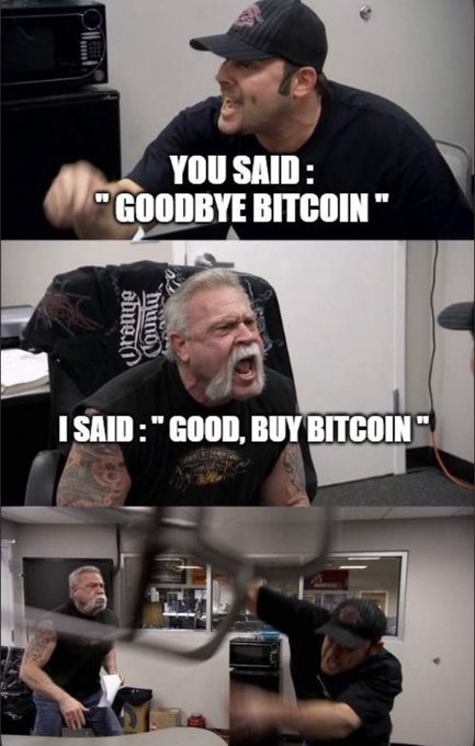 A three-panel American Chopper meme about Bitcoin, with text reading 'YOU SAID: GOODBYE BITCOIN' and 'I SAID: GOOD, BUY BITCOIN', showing a man throwing a chair.