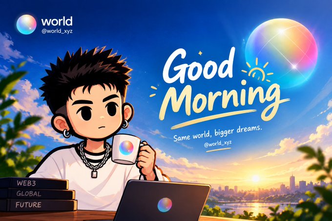 An anime-style 'Good Morning' illustration featuring a spiky-haired character holding a mug, with books labeled 'WEB3', 'GLOBAL', and 'FUTURE' stacked beside a laptop, and the text 'Same world, bigger dreams' with the handle @world_xyz.