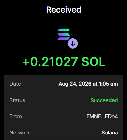 A cryptocurrency transaction confirmation showing a successful receipt of +0.21027 SOL on the Solana network on Aug 24, 2026, sent from FMNF...EDn4. The screenshot serves as proof of payment for the purchase of 6.36 million $BULLPURR tokens as described in the accompanying post.