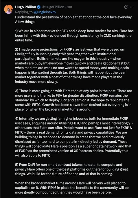 A lengthy Twitter/X post by Hugo Philion (@HugoPhilion) replying to @jungleincxrp about the Flare (FXRP, FBT) bear market outlook and future prospects.