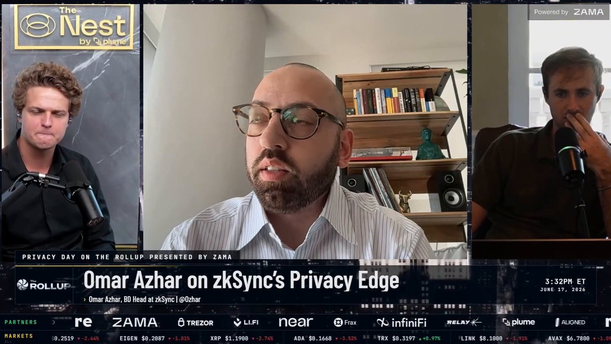 The image shows three men sitting behind microphones during an interview or podcast recording session. The hosts are discussing privacy concerns related to blockchain technology, specifically focusing on a platform called Prividium that allows users to create their own private ledgers. The conversation is centered around the idea of a network of private ledgers and how it can be used for financial transactions in a more secure manner compared to traditional centralized systems.