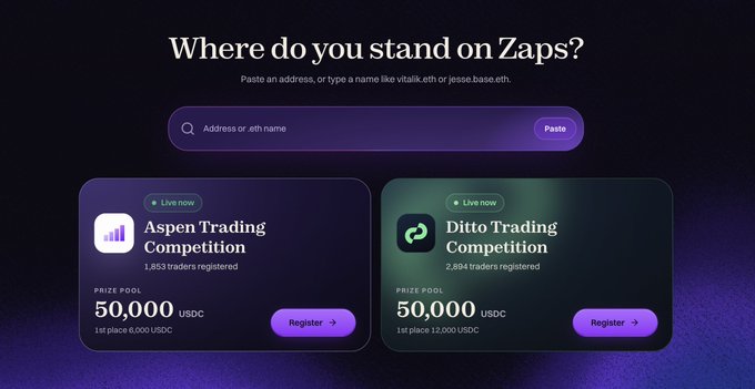 The image shows the Zaps platform homepage featuring "Where do you stand on Zaps?" with two live trading competitions: Aspen Trading Competition (1,853 traders, 50,000 USDC prize pool, 1st place 6,000 USDC) and Ditto Trading Competition (2,894 traders, 50,000 USDC prize pool, 1st place 12,000 USDC), both with Register buttons. The page includes a search bar prompting users to "Paste an address, or type a name like vitalik.eth or jesse.base.eth," which visually supports the post's message about connecting existing wallets so past trading history on platforms like Etherscan can convert into Zaps and serve as a starting balance via the Aspen campaign.