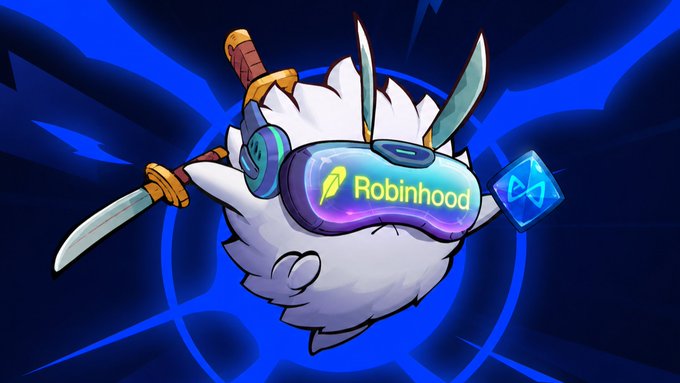 The image features a cartoon character wearing virtual reality goggles, holding a sword and a blue cube with the word "Robinhood" written on it. The character appears to be in motion, possibly running or jumping, while wearing the goggles that provide an immersive gaming experience.
