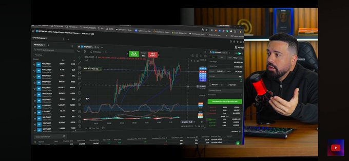 The image shows a man in a black hoodie speaking into a red microphone, with a TradingView chart for BTC/USD displayed on screen, illustrating the seamless integration of TradingView's charting tools directly within a B2PRIME trading platform as mentioned in the post.
