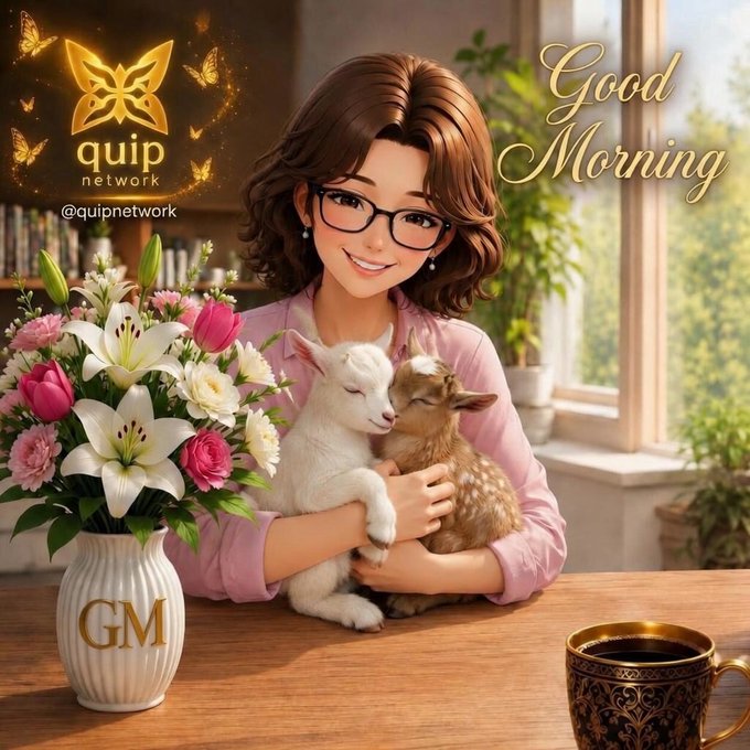 The image features a woman sitting at a table with two small animals - a goat and a rabbit - both of which are white. The woman appears to be holding them, possibly enjoying their company or taking care of them. There's also a cup on the table next to her. The background shows a window overlooking trees outside, adding a natural element to the scene.

The post is titled "Good morning everyone" and includes a logo for Quip Network. It seems that the woman in the image might be associated with Quip or has been featured in some way related to the network's content. The overall atmosphere of the image suggests a sense of calmness, as it captures a moment between the woman and her animals while also incorporating elements from the Quip network.