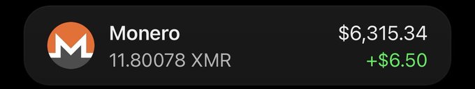 A Monero portfolio widget displays a balance of 11.80078 XMR valued at $6,315.34, up $6.50, visually confirming the user's progress toward their goal of accumulating 100+ Monero by simply holding.