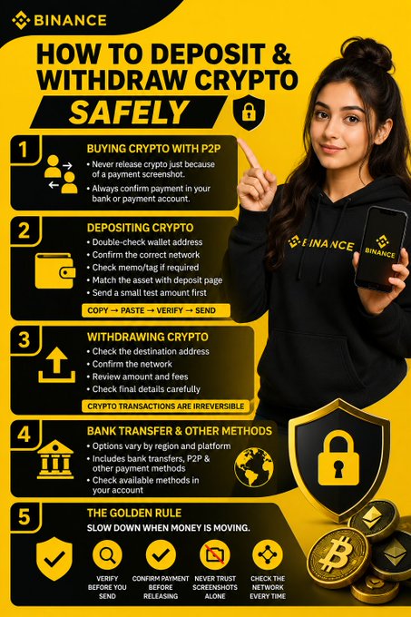 The image is a Binance infographic titled "HOW TO DEPOSIT & WITHDRAW CRYPTO SAFELY," featuring a woman in a black Binance hoodie holding a smartphone, alongside five numbered steps: (1) Buying Crypto with P2P, (2) Depositing Crypto, (3) Withdrawing Crypto, (4) Bank Transfer & Other Methods, and (5) The Golden Rule to "slow down when money is moving." The post highlights these safe practices for entering the crypto space, and the infographic visually reinforces each key step—from P2P purchases to verifying transactions—to help users avoid common mistakes when moving money on exchanges.