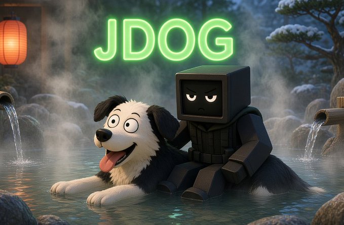 A cheerful cartoon dog with a wagging tongue rests in a steaming onsen alongside a blocky, TV-headed robot character, with glowing green "JDOG" text above them, illustrating the post's excitement about the $JDOG memecoin's market success and its role as the first bonded token on printer.fun.