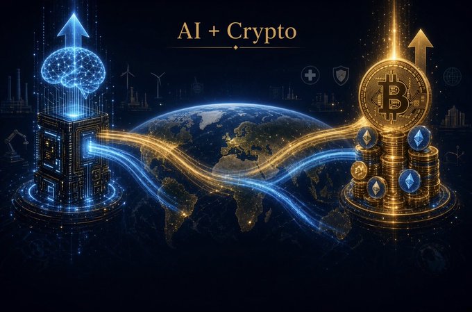 A digital artwork titled 'AI + Crypto' depicting a glowing blue neural network/brain structure connected to a stack of golden Bitcoin coins, with a world map in the background.
