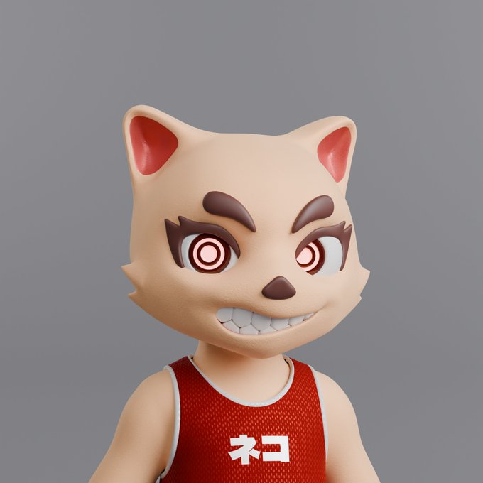 A 3D-rendered anthropomorphic cat character with an intense expression, wearing a red basketball jersey with Japanese katakana text 'ネコ' (neko, meaning 'cat').