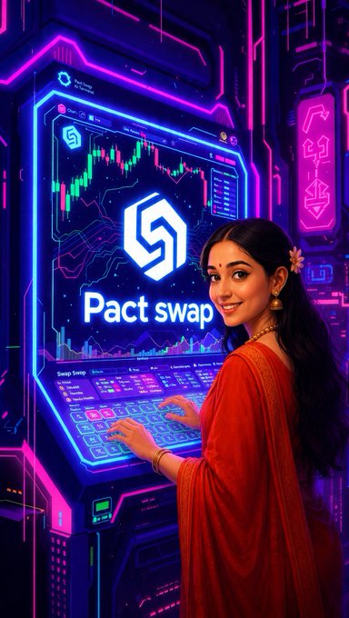 Digital illustration of an Indian woman in a red sari standing in front of a neon-lit 'Pact swap' cryptocurrency trading terminal.