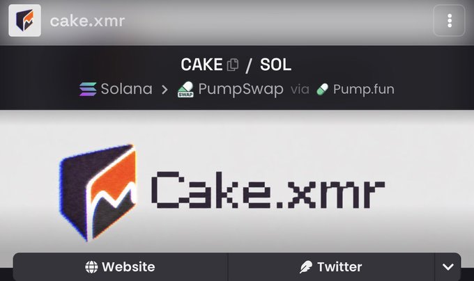 A digital token page displaying 'cake.xmr' with a cake logo icon. The header shows trading pairs: 'CAKE / SOL' on Solana via PumpSwap through Pump.fun, with links to a Website and Twitter.