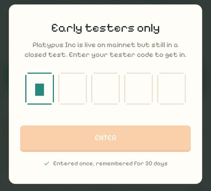 A prompt requesting a 5-character tester code for "Platypus Inc," which is in closed testing on mainnet, with "Entered once, remembered for 30 days" noted below the disabled Enter button. The post "CØDΞ" suggests the code consists of letters styled to resemble or replace numbers, likely the access code needed to proceed.