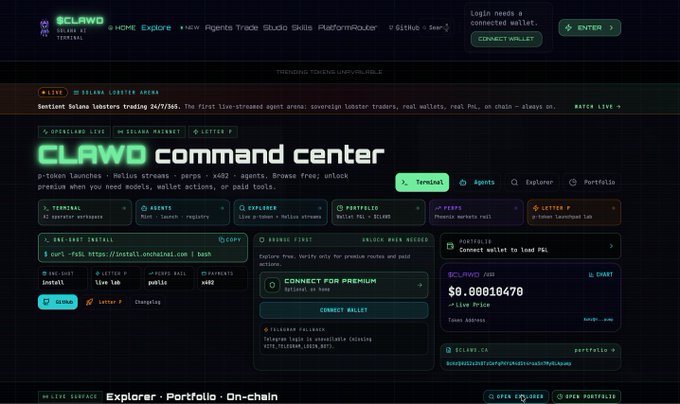 A screenshot of the 'CLAWD command center' web dashboard for sentient bilana loabster trading on Base, showing a terminal workspace, explorer, portfolio, and a portfolio value of $0.00010476.