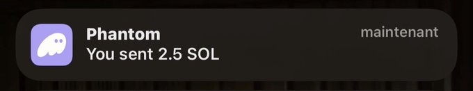 The image shows a message from the app Phantom, which appears to be sent by a user named You sent 2.5 Sol. The message reads "Maintenant" at the bottom of the screen. The app's name is displayed on top in purple text.