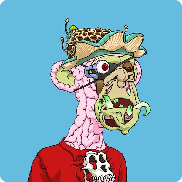 A cartoon illustration of a grotesque character with an exposed brain topped with mushrooms, wearing a red shirt with a skull design on a teal background.