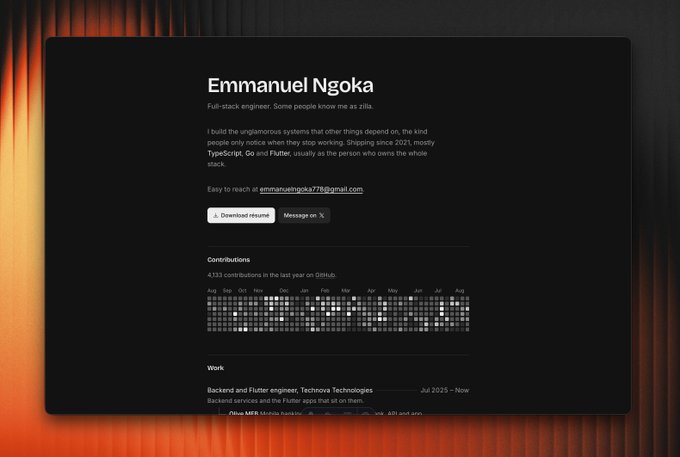 A screenshot of Emmanuel Ngoka's new developer portfolio website, displaying his profile as a "Full-stack engineer," along with his email (emmanuelatigaka778@gmail.com), 4,133 GitHub contributions in the last year, and current work at Technoese Technologies as a Backend and Flutter engineer since July 2025.
