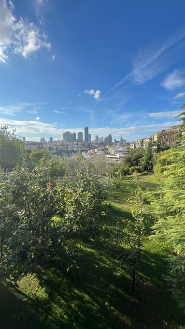 A scenic view of a city skyline with tall skyscrapers in the distance, seen from a green hillside or park with trees and vegetation in the foreground under a blue sky with scattered clouds.