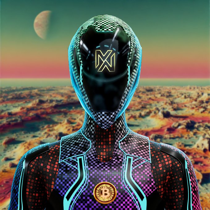 A futuristic digital artwork of a cyborg/robotic figure with a checkered pattern bodysuit and an 'M' logo on its visor, standing before an alien landscape with a Bitcoin medallion on its chest.