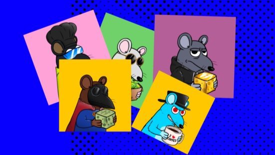 Five cartoon mice characters with various accessories and items (like cheese and a top hat) displayed on colorful pink, green, purple, and yellow square cards against a blue dotted background.