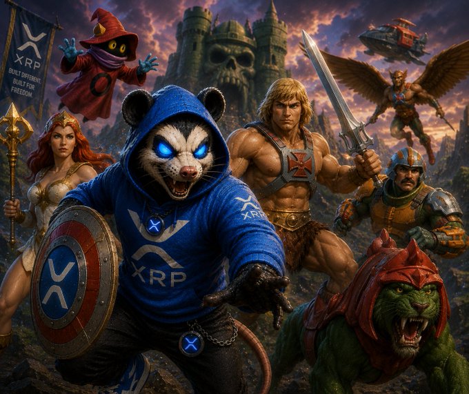 A fantasy-style illustration featuring He-Man characters including a He-Man-like warrior, a woman with a spear, a harpy, a soldier, and a sorcerer, but reimagined with a creature wearing a blue hoodie with the XRP logo, holding an XRP shield, standing in front of Castle Grayskull. A banner reads 'XRP BUILT DIFFERENT. BUILT FOR FREEDOM.'
