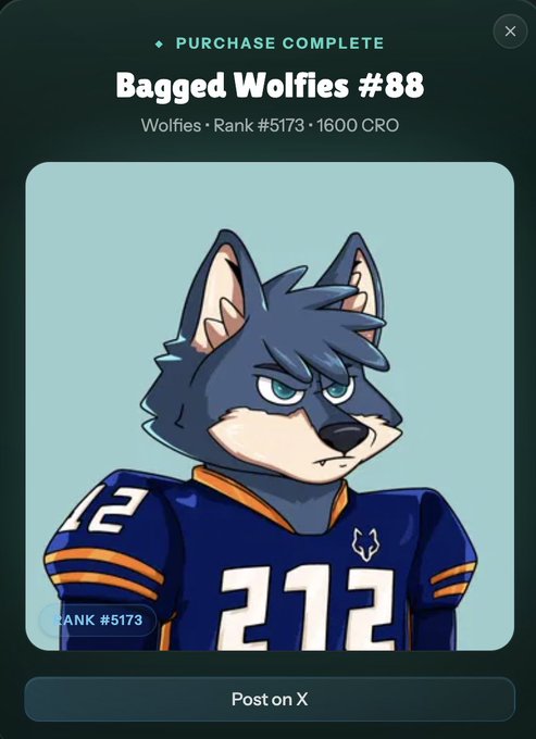 A digital purchase confirmation screen displays a cartoon wolf character in a blue and orange sports jersey with the number 212, titled "Bagged Wolfies #88" with "PURCHASE COMPLETE" text and a "Post on X" button.