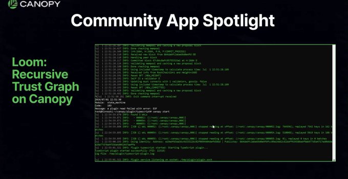 A presentation slide titled 'Community App Spotlight' features the Canopy logo and text 'Loom: Recursive Trust Graph on Canopy' alongside a terminal window showing command-line logs.