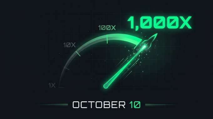 A stylized digital graphic features a glowing green speedometer needle pointing toward '1,000X' against a dark grid background, with the text 'OCTOBER 10' displayed below.