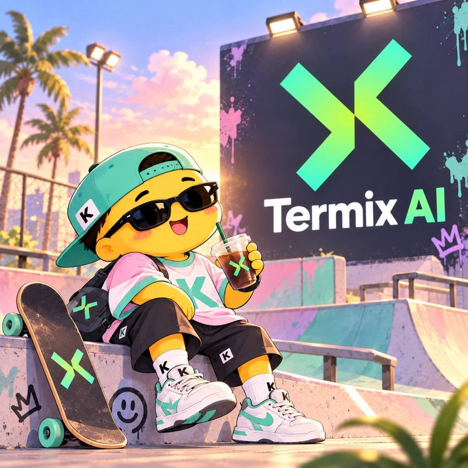 An animated mascot wearing a backwards cap and sunglasses sits on a skatepark ramp holding an iced coffee, with a large screen displaying 'Termix AI' behind him.