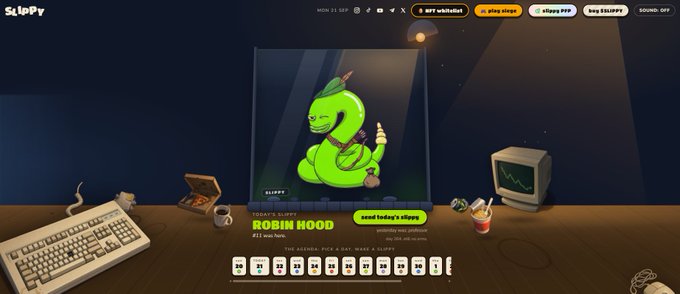A website screenshot for 'SLOPPY' featuring a pixel-art illustration of a green snake labeled 'ROBIN HOOD' sitting on a desk next to a computer, keyboard, and a calendar displaying dates.