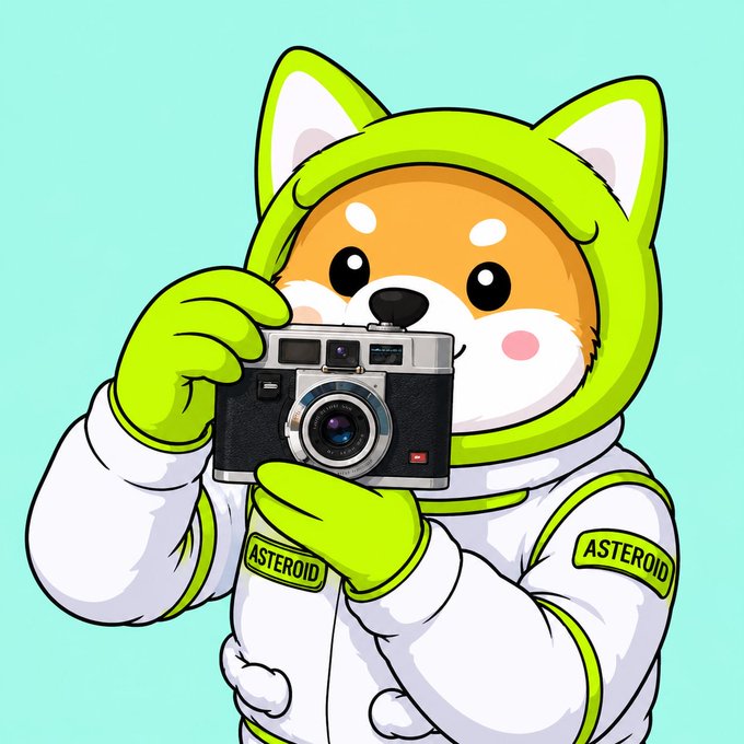 An animated Shiba Inu in an astronaut suit, holding a camera, is pictured with "ASTEROID" visible on patches, hinting at the future of the ASTEROID ticker.