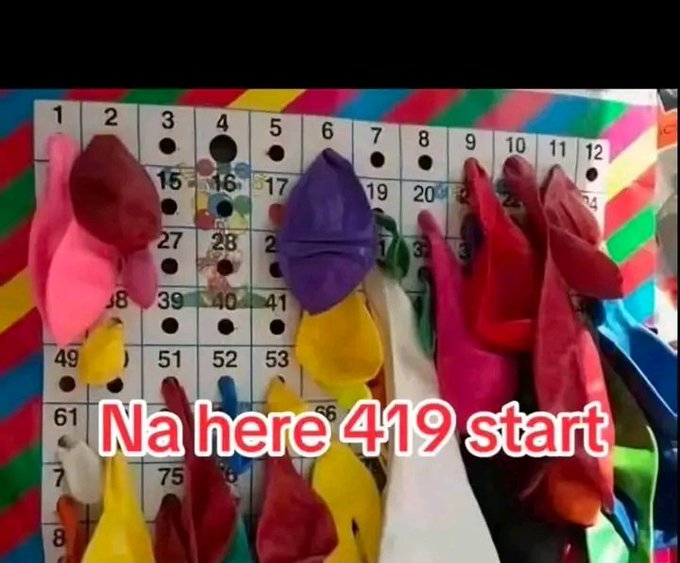 A board game with numbers 1-75 with colored objects on it, with text overlay "Na here 419 start".