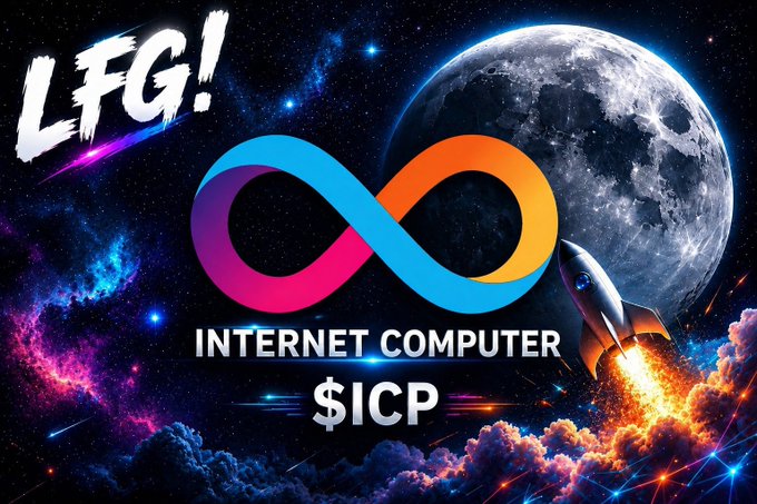 A promotional graphic for Internet Computer ($ICP) featuring an infinity logo, the text 'LFG!', a rocket launching, and a moon in the background.