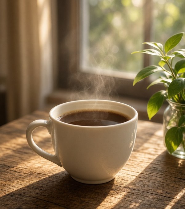 A steaming white ceramic cup of coffee sits on a wooden table bathed in warm sunlight, with a green potted plant and a window in the background.