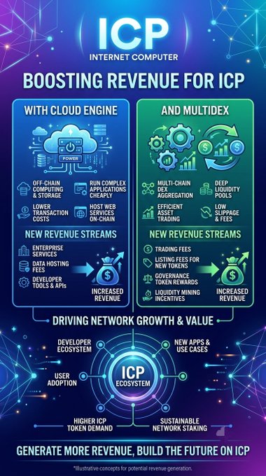 Infographic titled 'Boosting Revenue for ICP' detailing how Cloud Engine and Multidex create new revenue streams for the Internet Computer ecosystem.