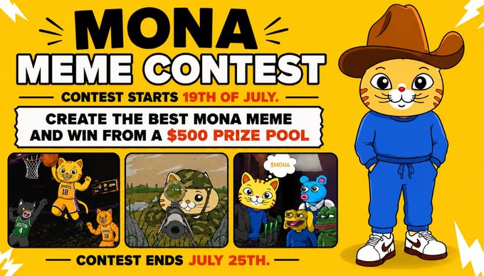 A promotional graphic for the "MONA MEME CONTEST" running July 19-25, offering a $500 prize pool for the best Mona meme, featuring cartoon cat characters in various scenarios including basketball, sniper, and group scenes. The image supports a $MONA airdrop announcement on Solana, encouraging participants to follow the project on X and join their Telegram to qualify.