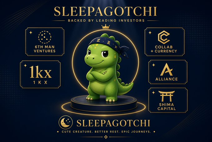 A promotional graphic for 'SLEEPAGOTCHI' featuring a green dinosaur mascot wearing a sleeping mask, backed by leading investors including 6th Man Ventures, 1kx, Collab+Currency, Alliance, and Shima Capital, with the tagline 'Cute creature. Better rest. Epic journeys.'