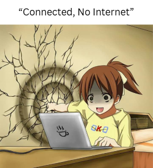 An anime-style illustration depicting a girl sitting at a desk with a laptop displaying 'Connected, No Internet,' with a large cracked hole appearing in the wall behind her.