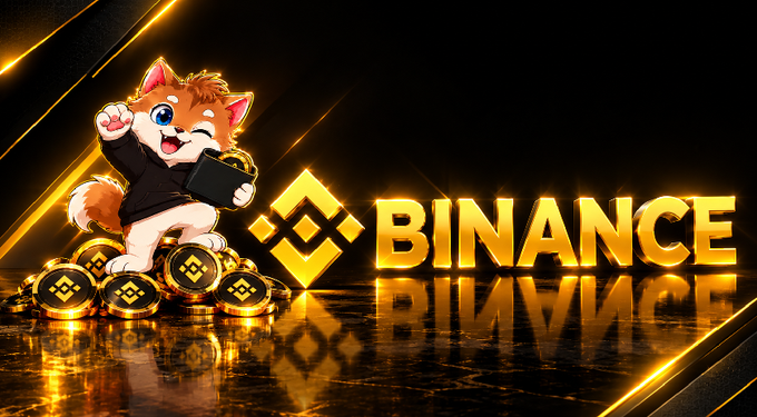 A cheerful cartoon cat mascot stands atop a pile of gold coins and BNB tokens next to the glowing "Binance" logo, visually promoting the listing request for $OCICAT on the Binance exchange. The vibrant gold-and-black branding reinforces the post's call to like and retweet in support of the token listing.