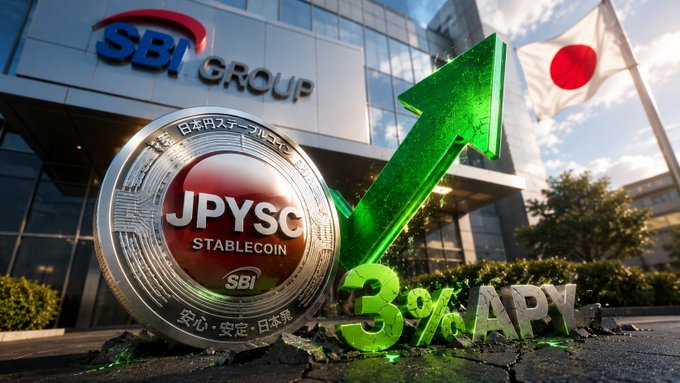 A digital promotional image showing a silver coin labeled "JPYSC STABLECOIN" with a glowing green upward arrow, positioned in front of the SBI Group building with a Japanese flag in the background and "3% APY" text displayed prominently, visually reinforcing the announcement of SBI Group's JPYSC lending service offering up to 3% annual yield.