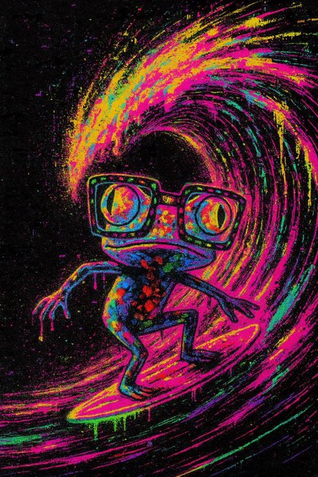 A neon psychedelic frog in oversized glasses surfs a vibrant pink and yellow wave, capturing the trippy, high-energy vibe of the $TIBBIR meme hinting at its moonshot to billions.