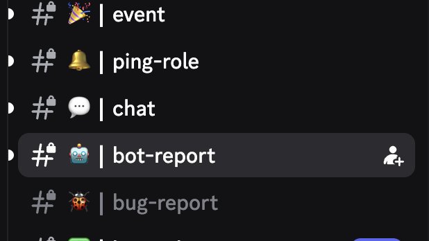 Discord channel list showing channels including #event, #ping-role, #chat, #bot-report (highlighted), and #bug-report.
