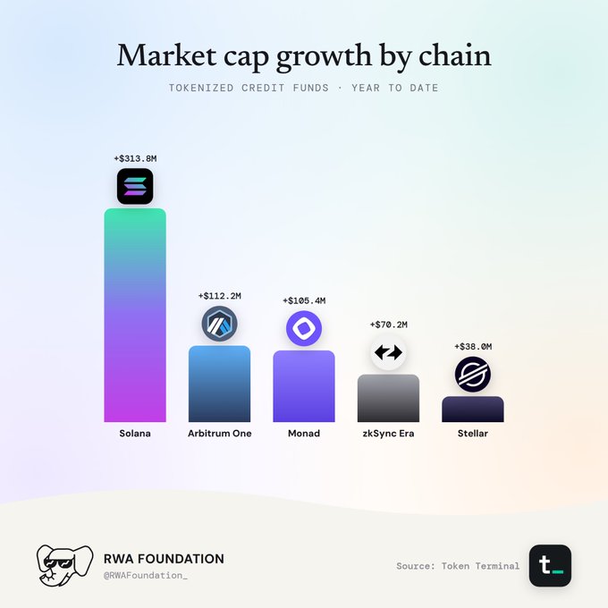 A bar chart titled 'Market cap growth by chain' shows year-to-date tokenized credit fund growth: Solana leads at +$313.8M, followed by Arbitrum One (+$112.2M), Monad (+$105.4M), zkSync Era (+$70.2M), and Stellar (+$38.0M), credited to RWA Foundation and Token Terminal.