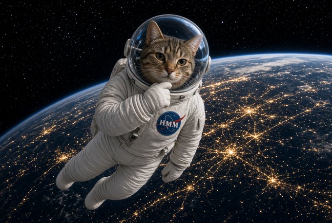 An AI-generated or digitally manipulated image of a cat wearing a NASA-style astronaut suit with an HMM logo, floating above Earth at night with city lights visible below.
