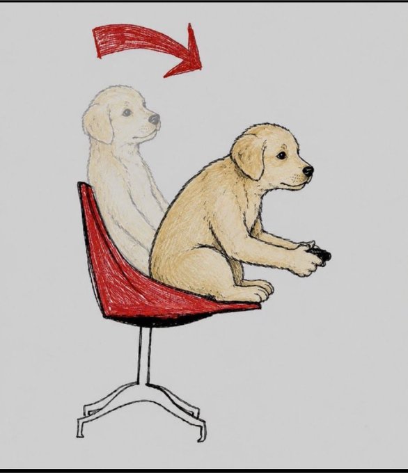 A hand-drawn illustration shows two Labrador puppies sitting on a red modern chair, with a red arrow indicating a transformation or motion above them.