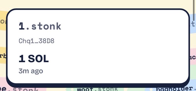 A transaction notification showing '1. stonk' with the identifier 'Chq1...38D8' and an amount of '1 SOL' from '3m ago'.