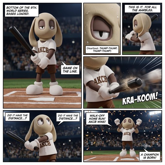 A comic-style image featuring a rabbit-like character in an 'AKCB' baseball uniform hitting a walk-off home run in the bottom of the 9th World Series, ending with 'A CHAMPION IS BORN!'.