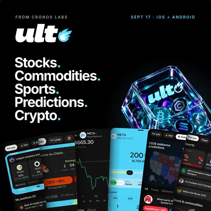 A promotional graphic from 'CRONOS LABS' advertises an app called 'ult' launching on 'SEPT 17 · iOS + ANDROID,' listing features like 'Stocks. Commodities. Sports. Predictions. Crypto.' alongside screenshots of the app's interface.